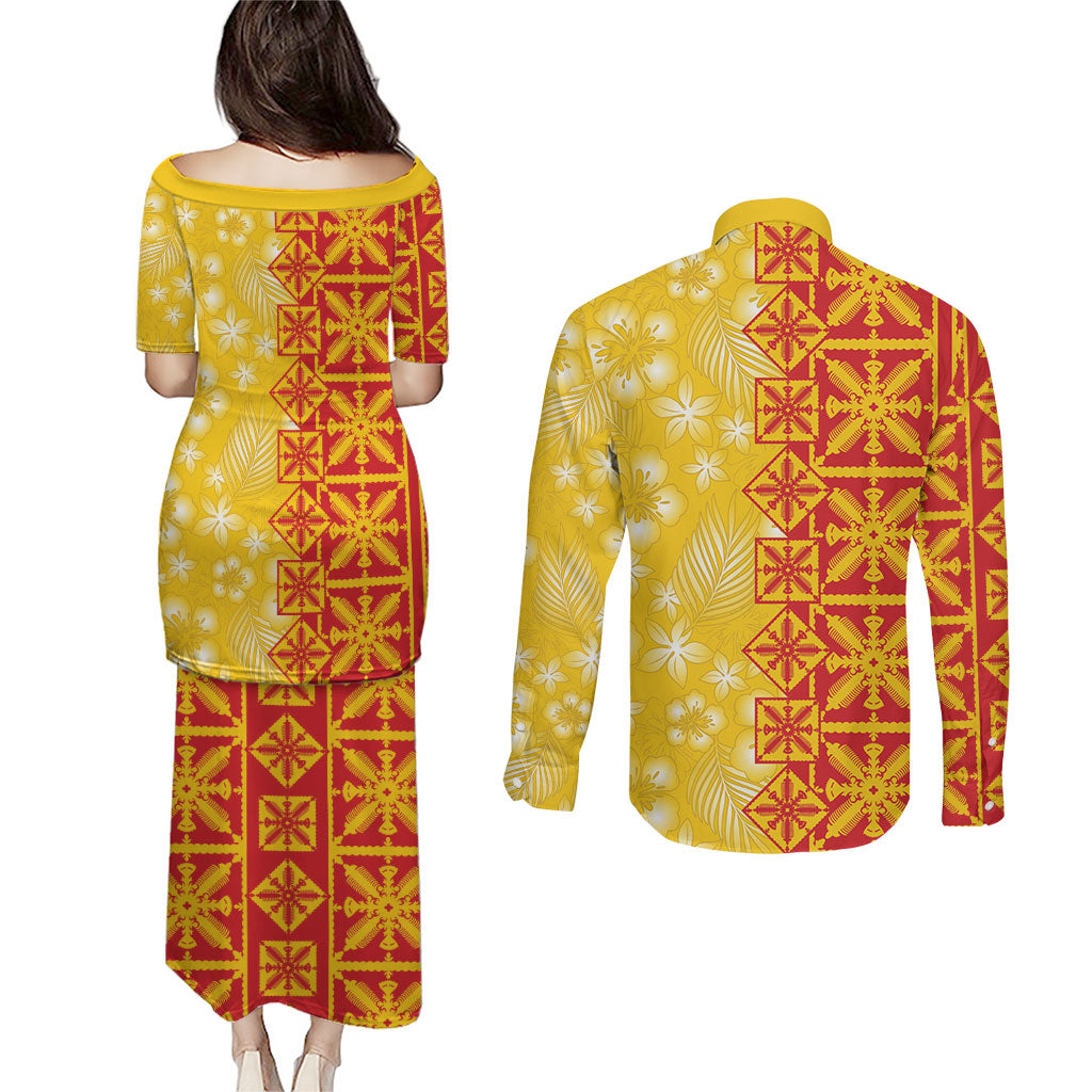 Kahili Quilt Hawaii Couples Matching Puletasi and Long Sleeve Button Shirt Tropical Flower Seamless Half Style