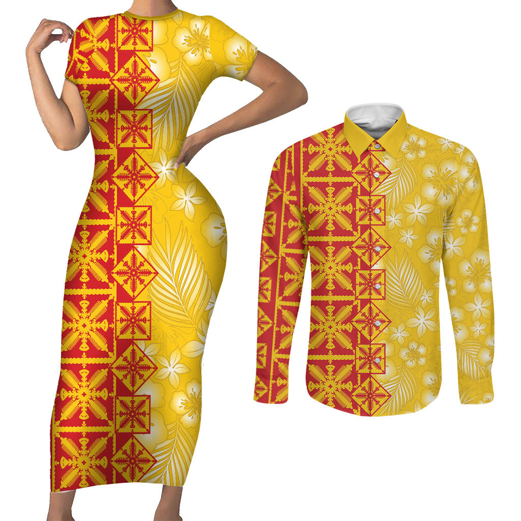 Kahili Quilt Hawaii Couples Matching Short Sleeve Bodycon Dress and Long Sleeve Button Shirt Tropical Flower Seamless Half Style LT14 Yellow - Polynesian Pride