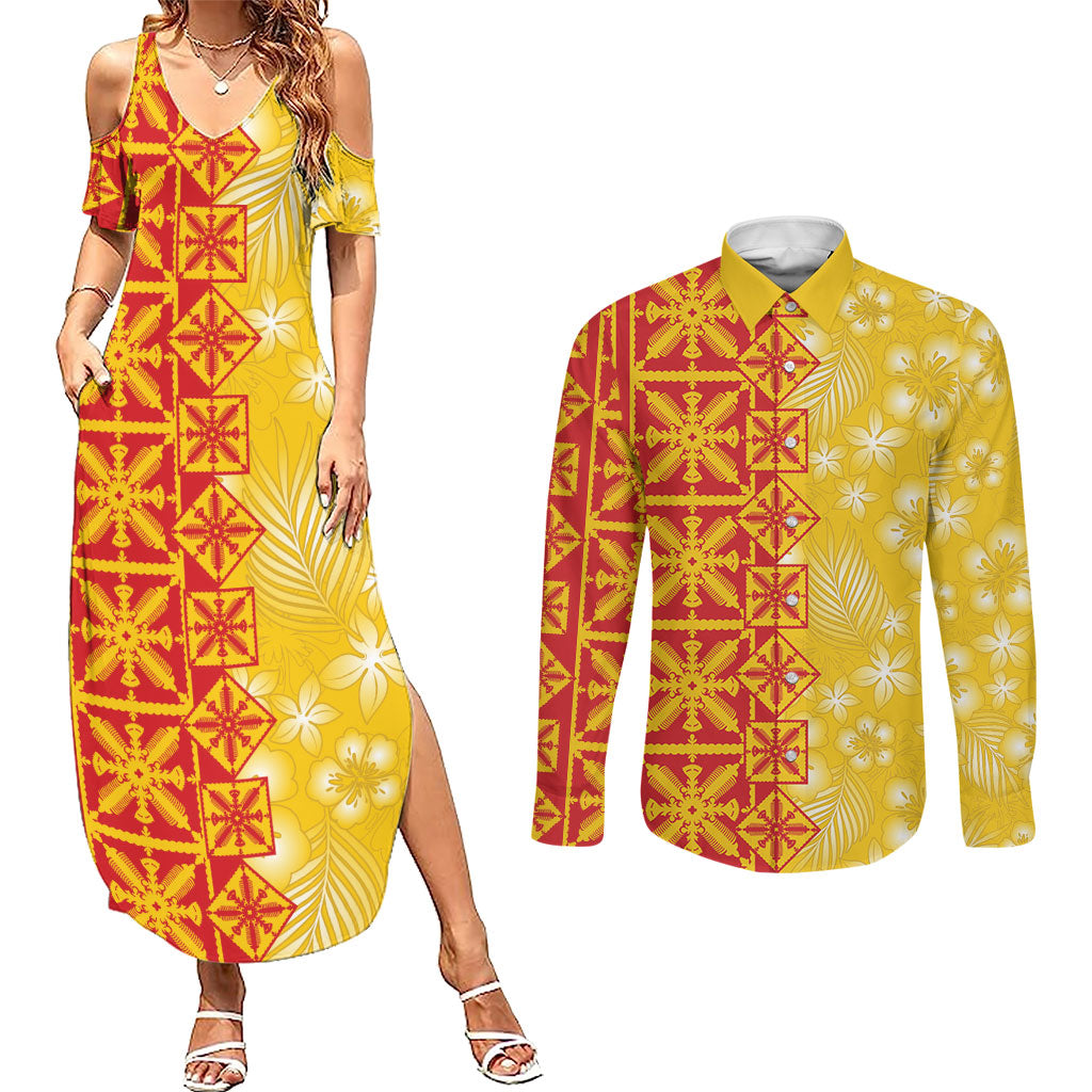 Kahili Quilt Hawaii Couples Matching Summer Maxi Dress and Long Sleeve Button Shirt Tropical Flower Seamless Half Style LT14 Yellow - Polynesian Pride