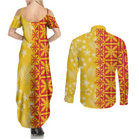 Kahili Quilt Hawaii Couples Matching Summer Maxi Dress and Long Sleeve Button Shirt Tropical Flower Seamless Half Style