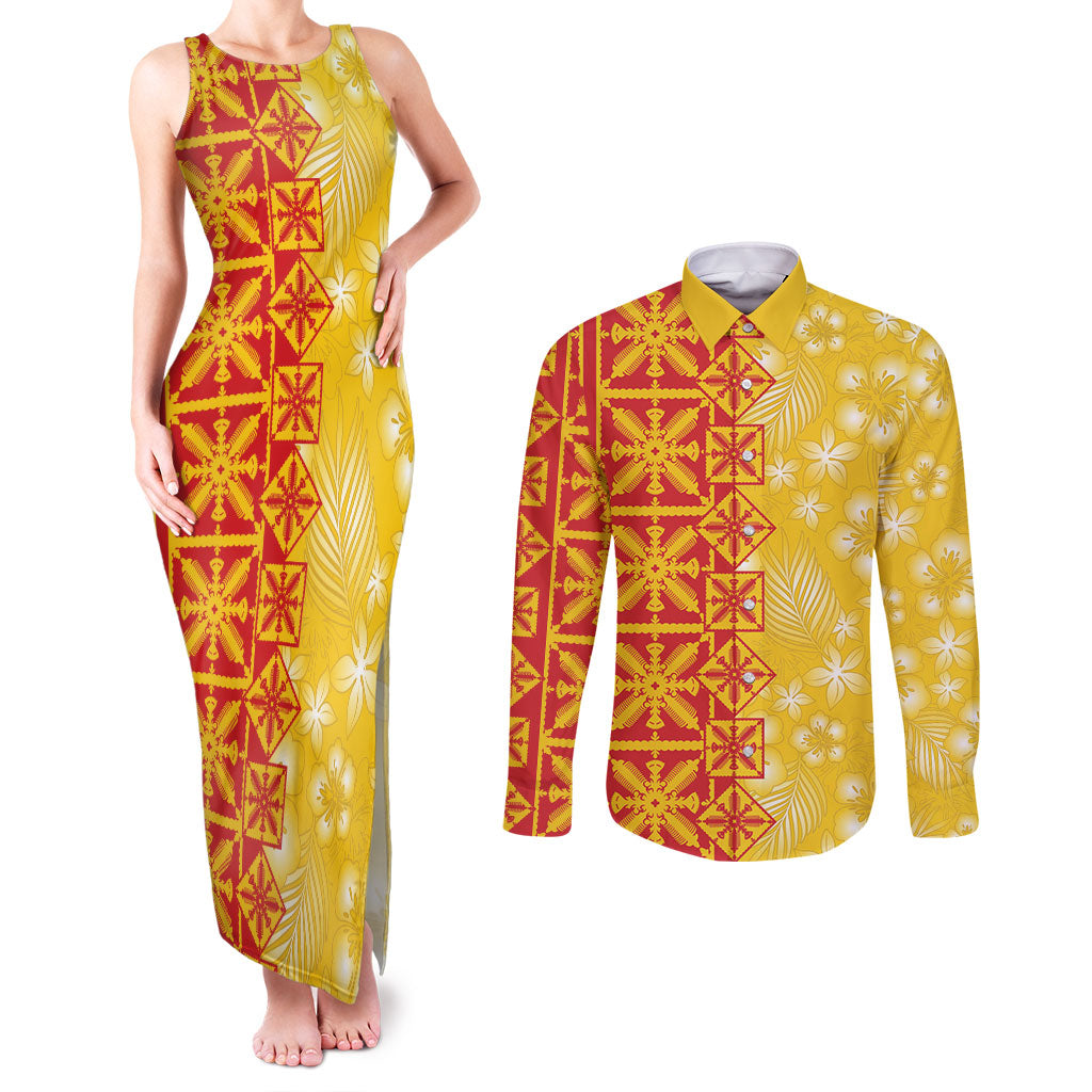 Kahili Quilt Hawaii Couples Matching Tank Maxi Dress and Long Sleeve Button Shirt Tropical Flower Seamless Half Style LT14 Yellow - Polynesian Pride