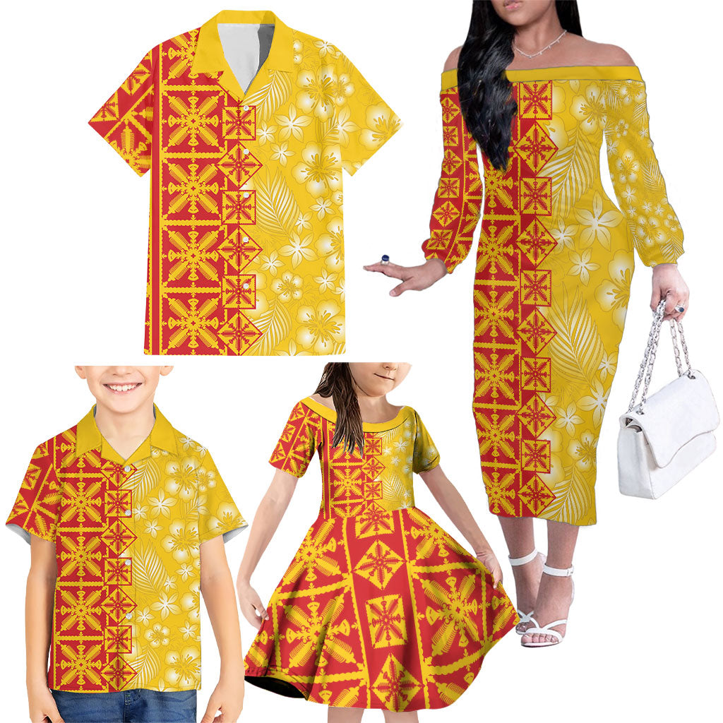 Kahili Quilt Hawaii Family Matching Off The Shoulder Long Sleeve Dress and Hawaiian Shirt Tropical Flower Seamless Half Style