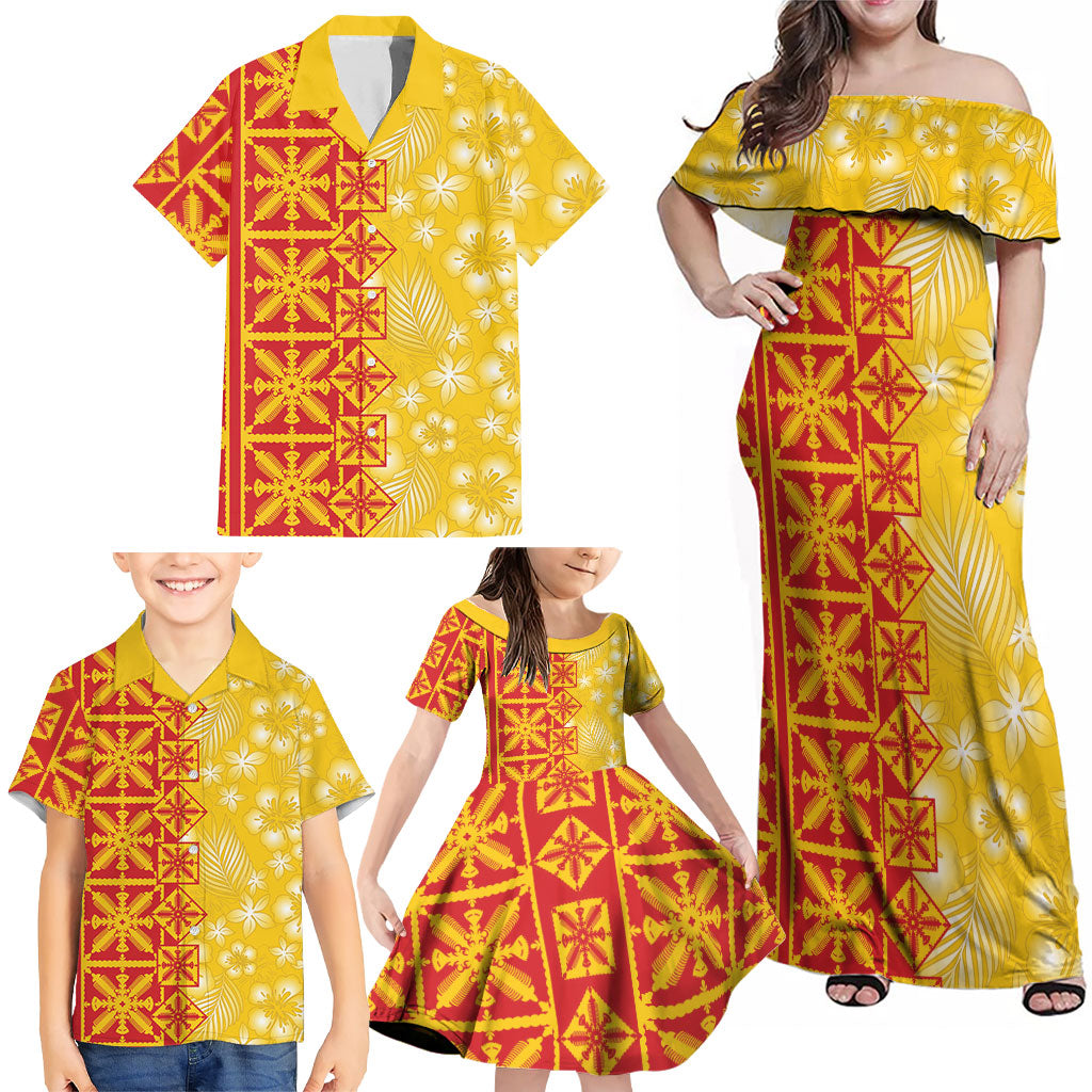 Kahili Quilt Hawaii Family Matching Off Shoulder Maxi Dress and Hawaiian Shirt Tropical Flower Seamless Half Style