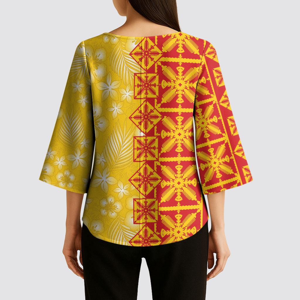 Kahili Quilt Hawaii Kimono Sleeve Blouse Tropical Flower Seamless Half Style