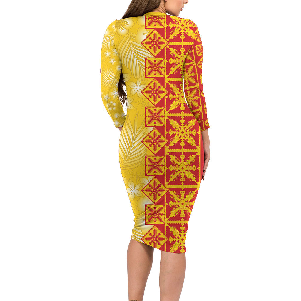 Kahili Quilt Hawaii Long Sleeve Bodycon Dress Tropical Flower Seamless Half Style
