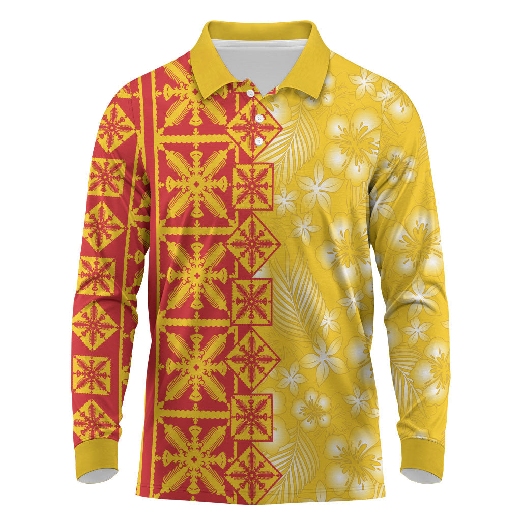 Kahili Quilt Hawaii Long Sleeve Polo Shirt Tropical Flower Seamless Half Style LT14 Yellow - Polynesian Pride