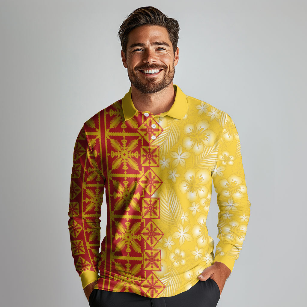 Kahili Quilt Hawaii Long Sleeve Polo Shirt Tropical Flower Seamless Half Style