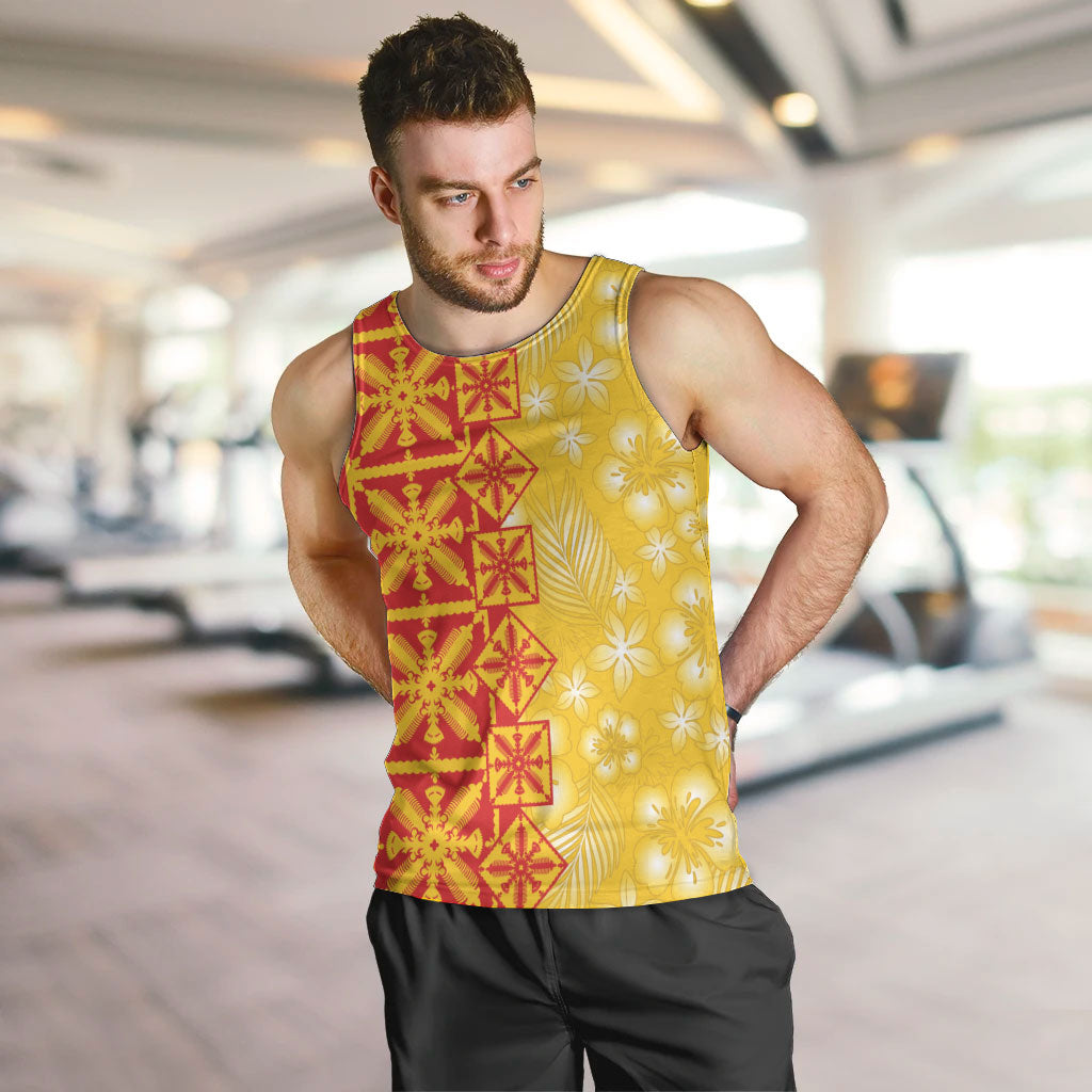 Kahili Quilt Hawaii Men Tank Top Tropical Flower Seamless Half Style LT14 Yellow - Polynesian Pride