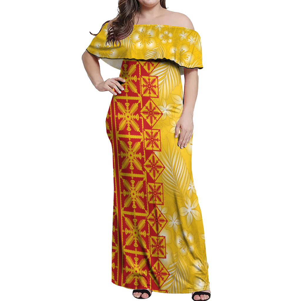 Kahili Quilt Hawaii Off Shoulder Maxi Dress Tropical Flower Seamless Half Style LT14 Women Yellow - Polynesian Pride