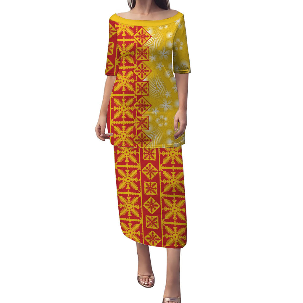 Kahili Quilt Hawaii Puletasi Tropical Flower Seamless Half Style LT14 Long Dress Yellow - Polynesian Pride