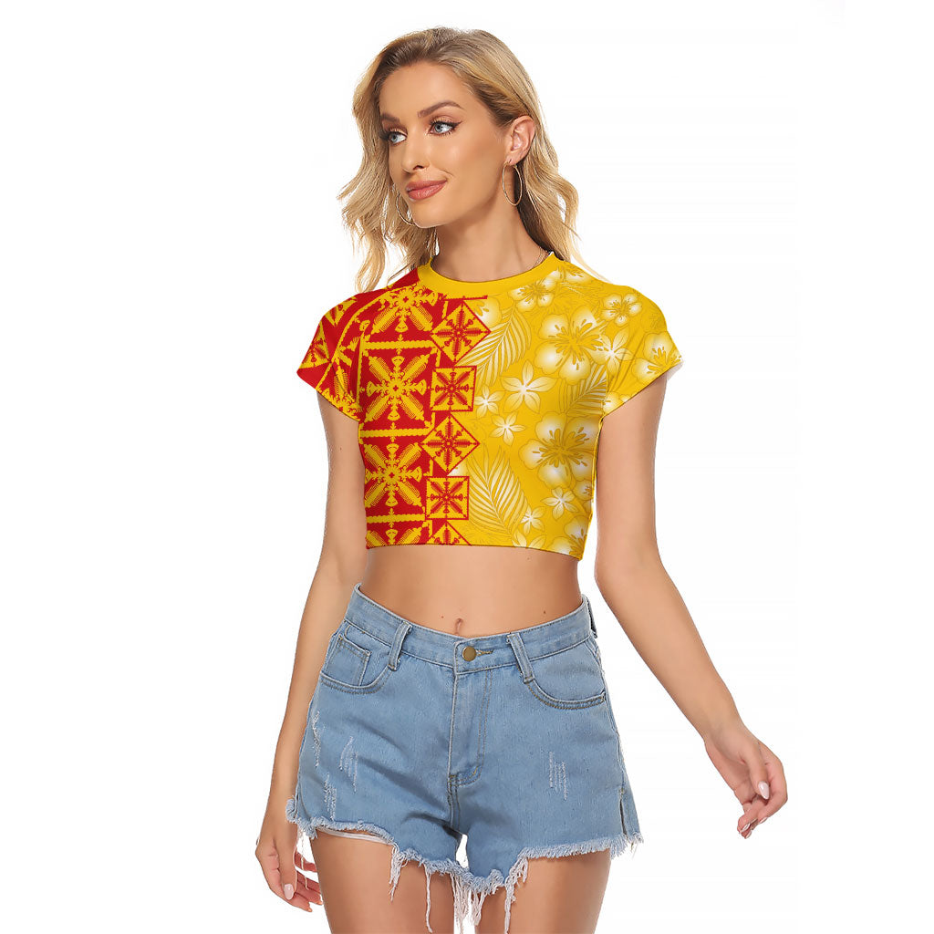 Kahili Quilt Hawaii Raglan Cropped T Shirt Tropical Flower Seamless Half Style LT14 Female Yellow - Polynesian Pride