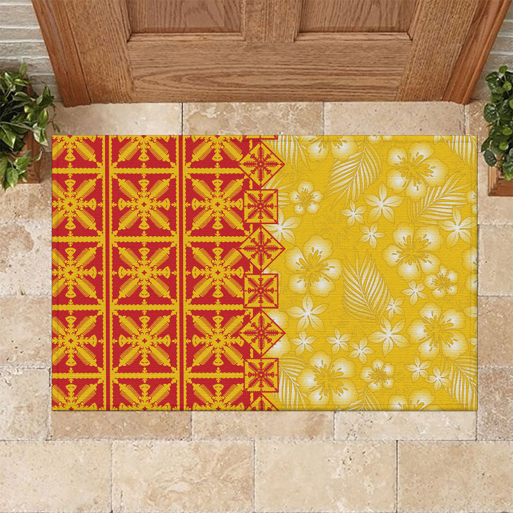 Kahili Quilt Hawaii Rubber Doormat Tropical Flower Seamless Half Style
