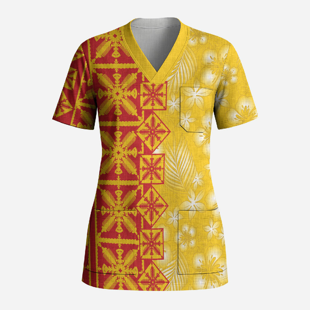 Kahili Quilt Hawaii Scrub Top Tropical Flower Seamless Half Style LT14 Adult Yellow - Polynesian Pride