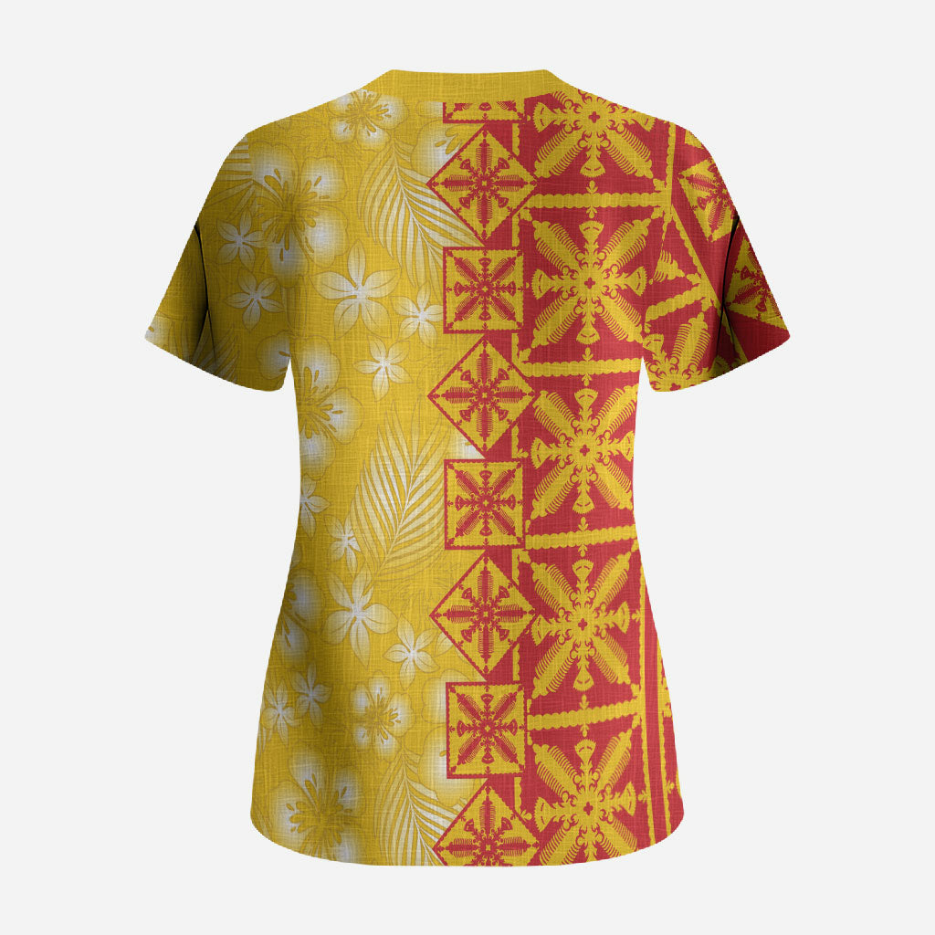 Kahili Quilt Hawaii Scrub Top Tropical Flower Seamless Half Style