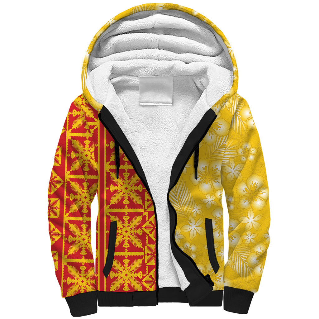 Kahili Quilt Hawaii Sherpa Hoodie Tropical Flower Seamless Half Style
