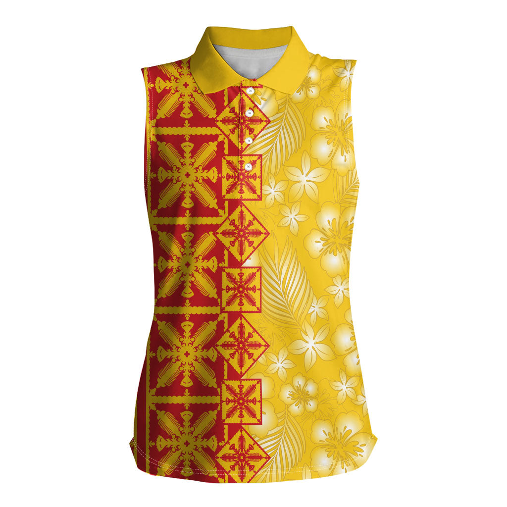 Kahili Quilt Hawaii Women Sleeveless Polo Shirt Tropical Flower Seamless Half Style LT14 Female Yellow - Polynesian Pride