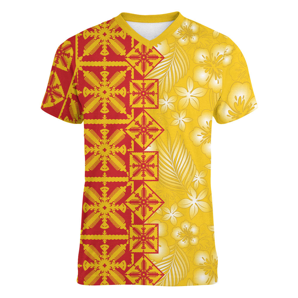 Kahili Quilt Hawaii Women V-Neck T-Shirt Tropical Flower Seamless Half Style LT14 Female Yellow - Polynesian Pride