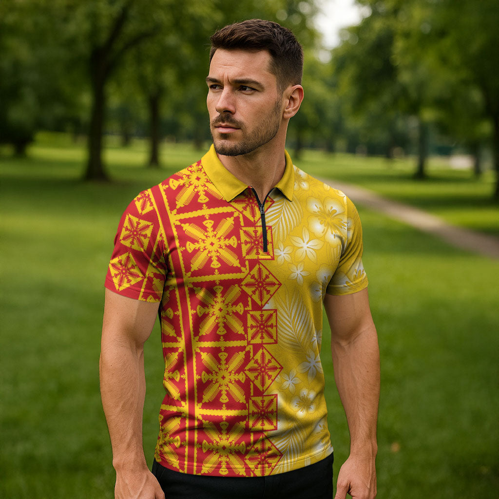 Kahili Quilt Hawaii Zipper Polo Shirt Tropical Flower Seamless Half Style