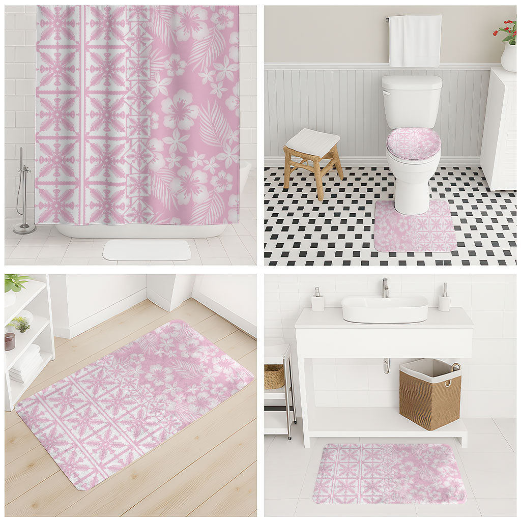 Pastel Pink Kahili Quilt Hawaii Bathroom Set Tropical Flower Seamless Half Style