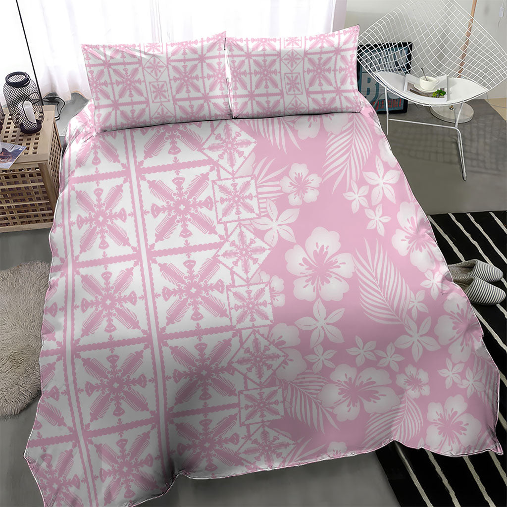 Pastel Pink Kahili Quilt Hawaii Bedding Set Tropical Flower Seamless Half Style