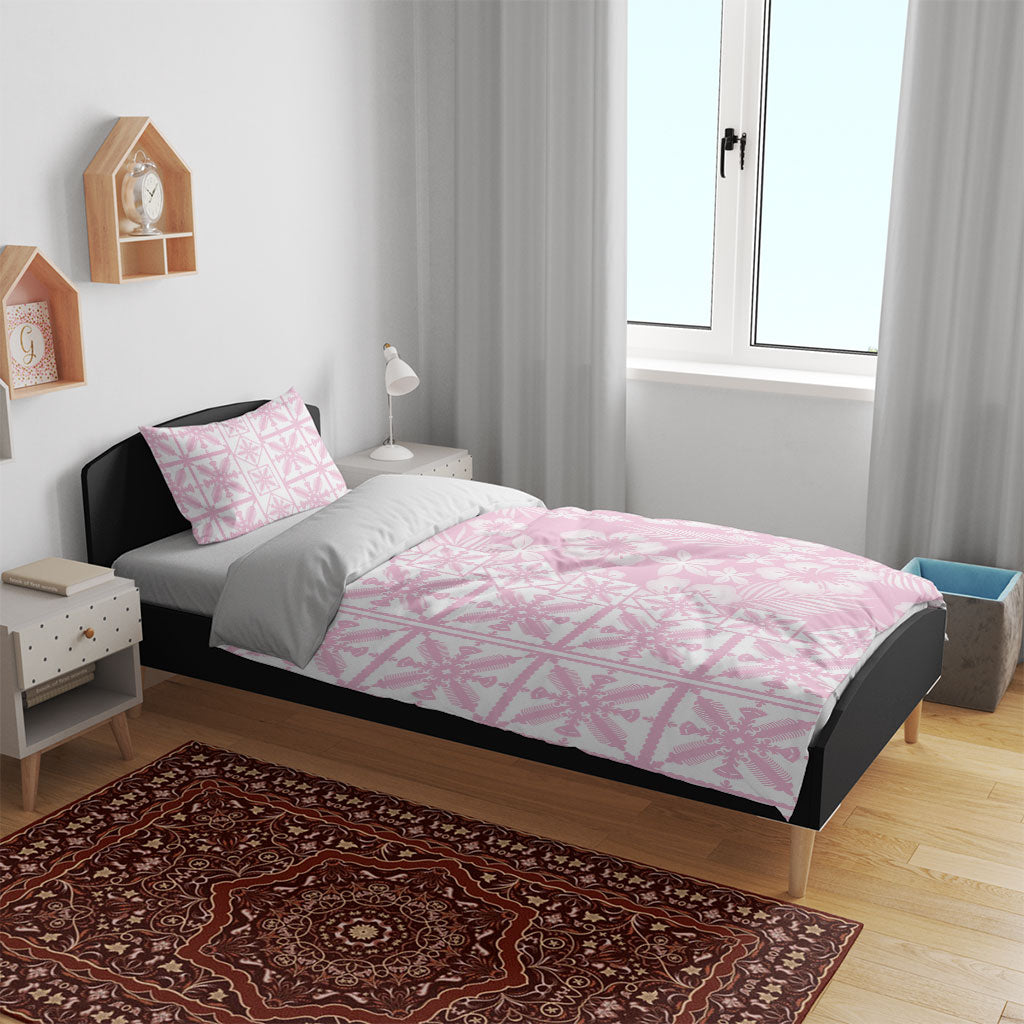 Pastel Pink Kahili Quilt Hawaii Bedding Set Tropical Flower Seamless Half Style