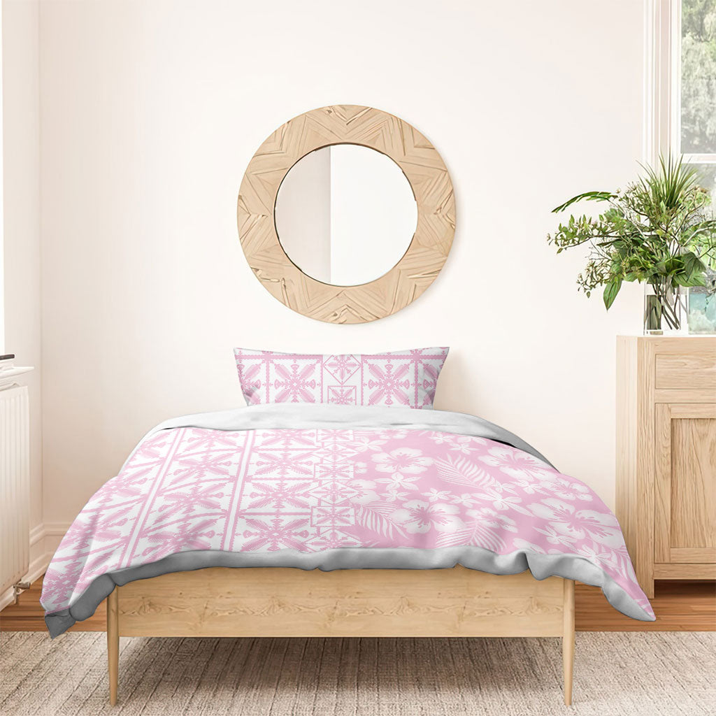 Pastel Pink Kahili Quilt Hawaii Bedding Set Tropical Flower Seamless Half Style