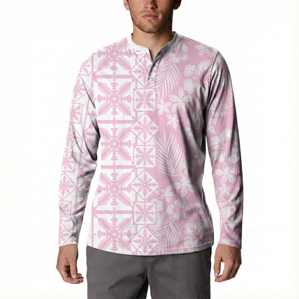 Pastel Pink Kahili Quilt Hawaii Button Sweatshirt Tropical Flower Seamless Half Style