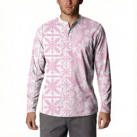 Pastel Pink Kahili Quilt Hawaii Button Sweatshirt Tropical Flower Seamless Half Style