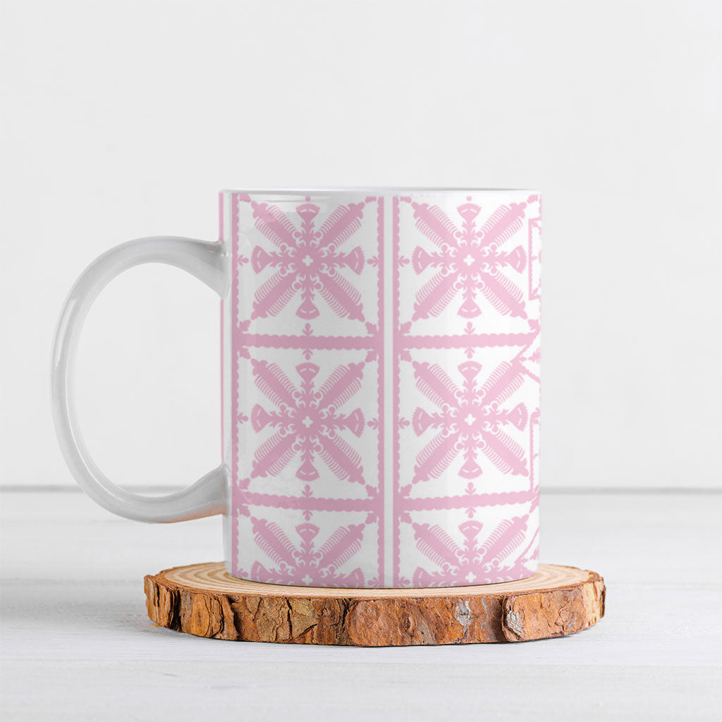 Pastel Pink Kahili Quilt Hawaii Ceramic Mug Tropical Flower Seamless Half Style