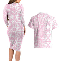 Pastel Pink Kahili Quilt Hawaii Couples Matching Long Sleeve Bodycon Dress and Hawaiian Shirt Tropical Flower Seamless Half Style