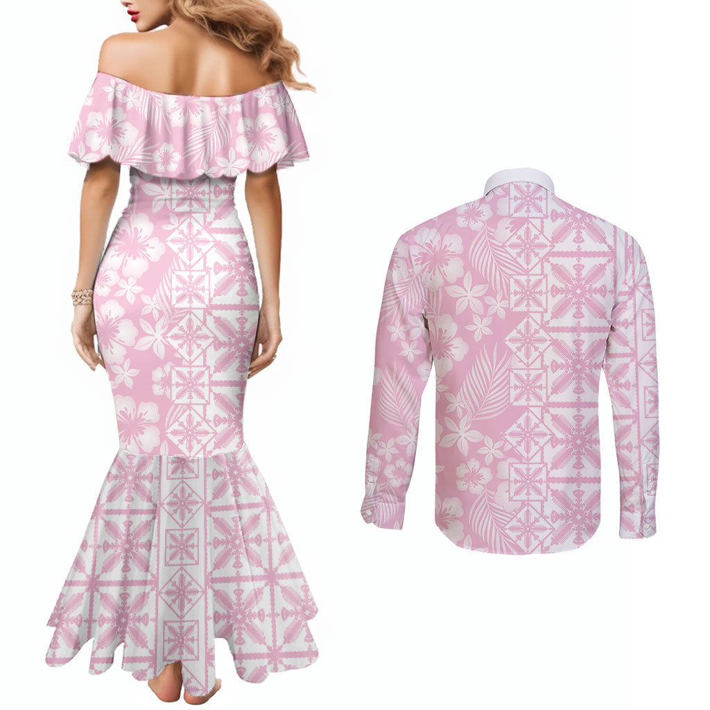 Pastel Pink Kahili Quilt Hawaii Couples Matching Mermaid Dress and Long Sleeve Button Shirt Tropical Flower Seamless Half Style