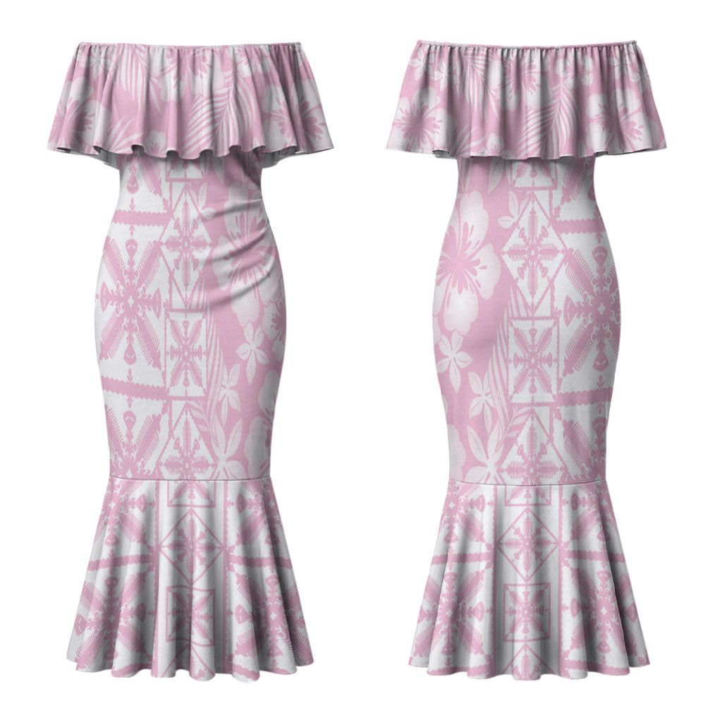 Pastel Pink Kahili Quilt Hawaii Couples Matching Mermaid Dress and Long Sleeve Button Shirt Tropical Flower Seamless Half Style LT14 - Polynesian Pride
