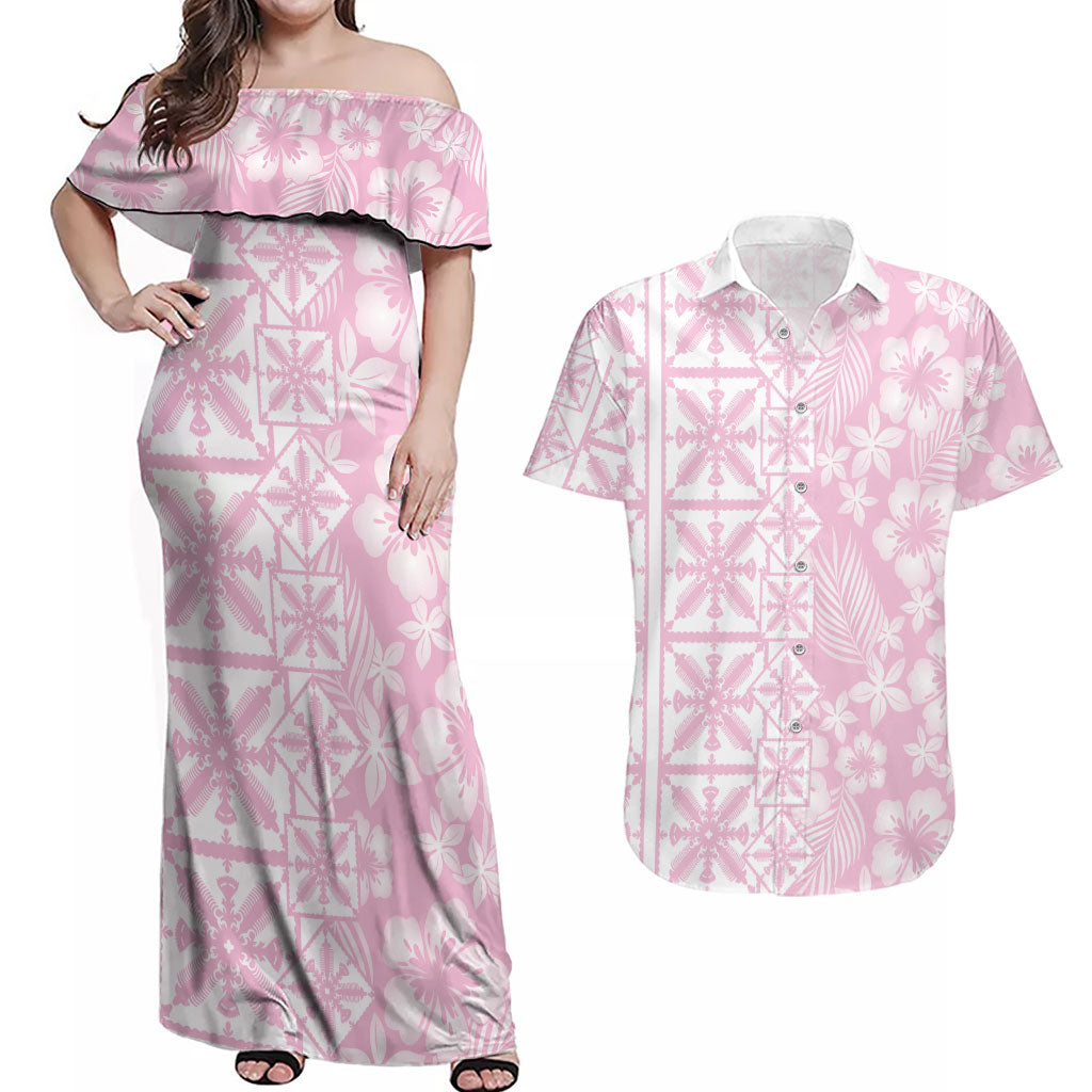 Pastel Pink Kahili Quilt Hawaii Couples Matching Off Shoulder Maxi Dress and Hawaiian Shirt Tropical Flower Seamless Half Style LT14 Pink - Polynesian Pride