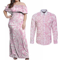 Pastel Pink Kahili Quilt Hawaii Couples Matching Off Shoulder Maxi Dress and Long Sleeve Button Shirt Tropical Flower Seamless Half Style