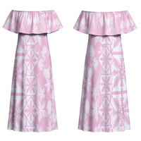 Pastel Pink Kahili Quilt Hawaii Couples Matching Off Shoulder Maxi Dress and Long Sleeve Button Shirt Tropical Flower Seamless Half Style LT14 - Polynesian Pride