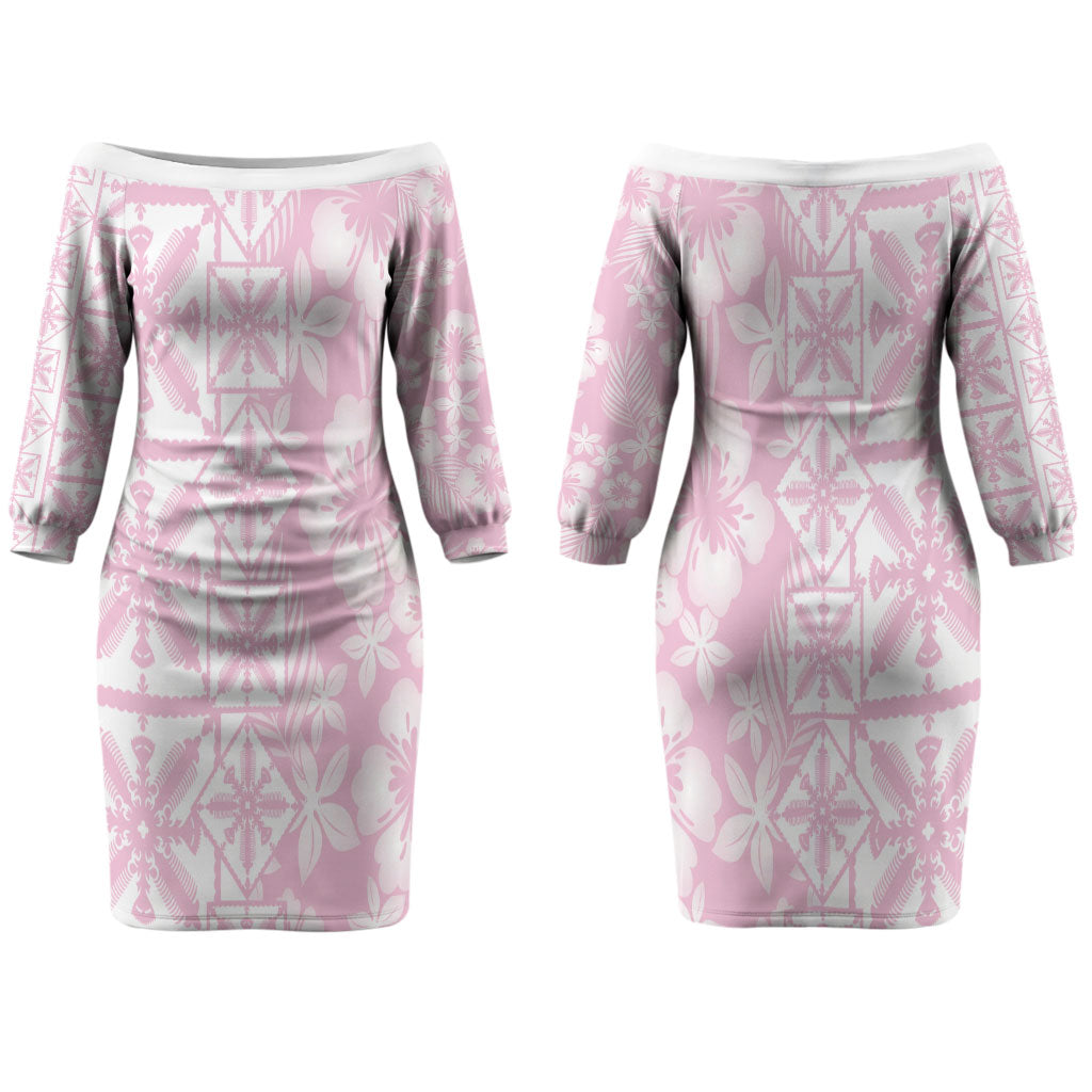 Pastel Pink Kahili Quilt Hawaii Couples Matching Off The Shoulder Long Sleeve Dress and Hawaiian Shirt Tropical Flower Seamless Half Style LT14 - Polynesian Pride