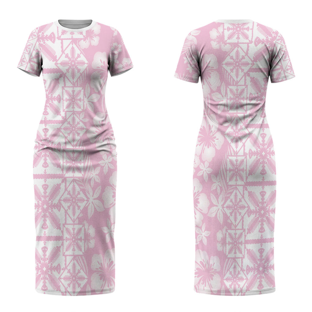 Pastel Pink Kahili Quilt Hawaii Couples Matching Short Sleeve Bodycon Dress and Long Sleeve Button Shirt Tropical Flower Seamless Half Style LT14 - Polynesian Pride