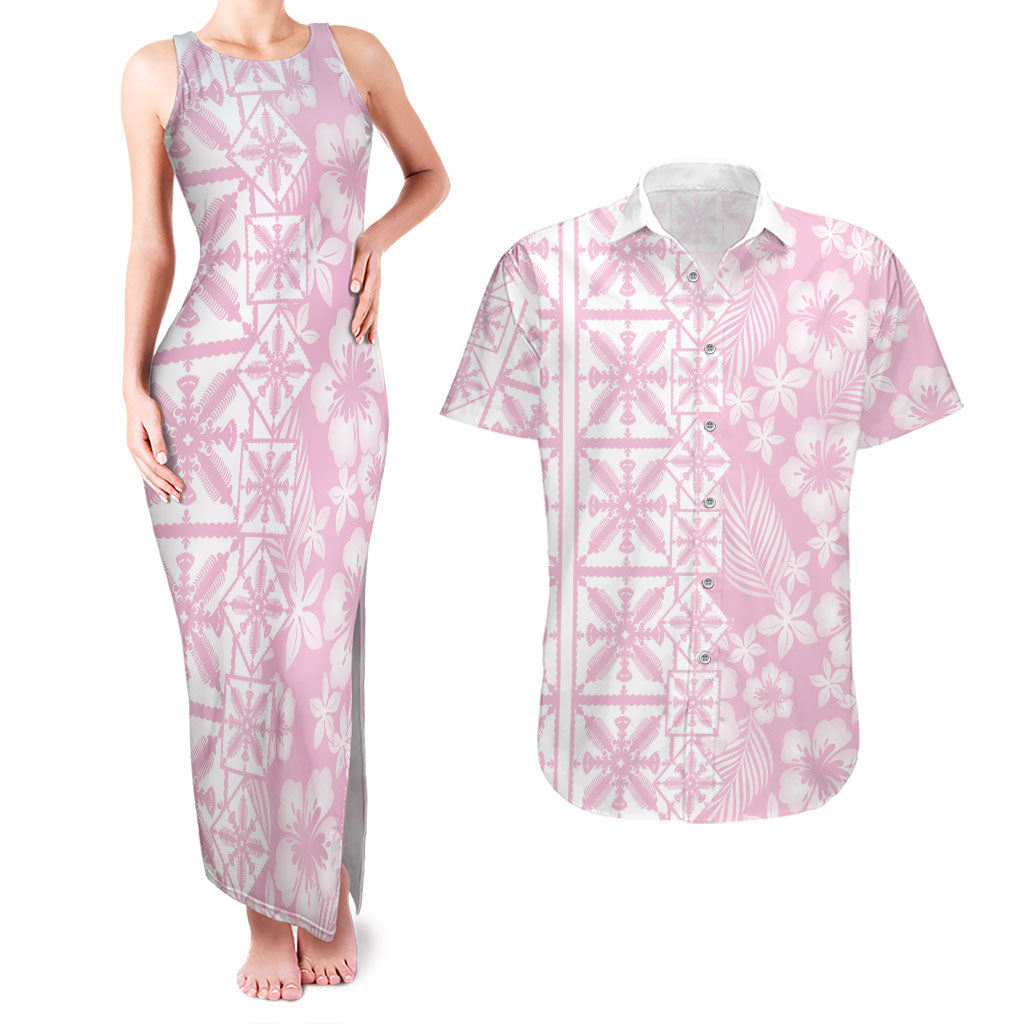 Pastel Pink Kahili Quilt Hawaii Couples Matching Tank Maxi Dress and Hawaiian Shirt Tropical Flower Seamless Half Style