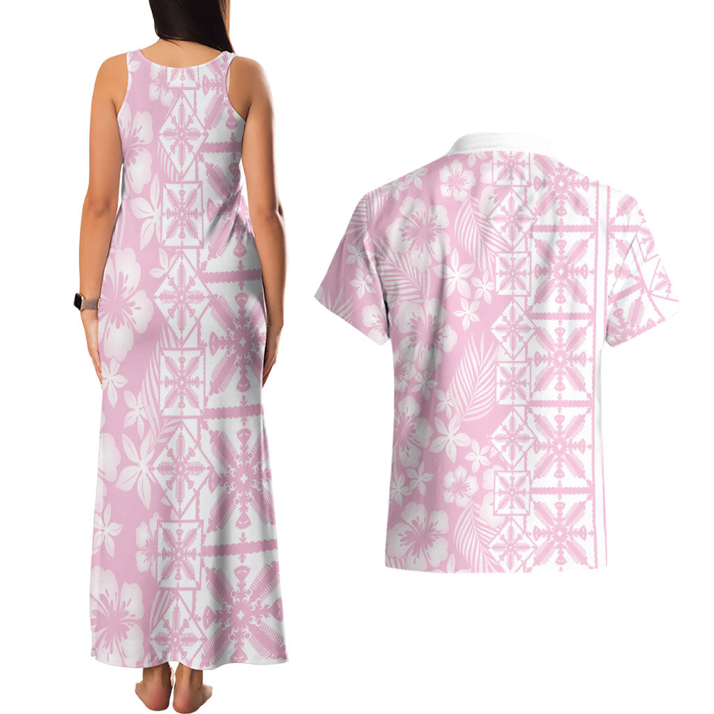 Pastel Pink Kahili Quilt Hawaii Couples Matching Tank Maxi Dress and Hawaiian Shirt Tropical Flower Seamless Half Style