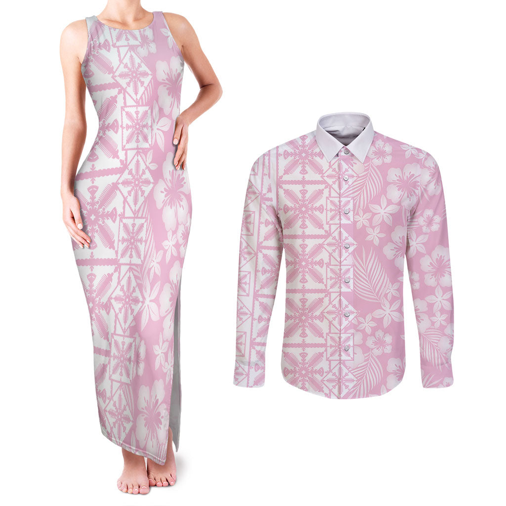 Pastel Pink Kahili Quilt Hawaii Couples Matching Tank Maxi Dress and Long Sleeve Button Shirt Tropical Flower Seamless Half Style LT14 Pink - Polynesian Pride