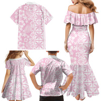 Pastel Pink Kahili Quilt Hawaii Family Matching Mermaid Dress and Hawaiian Shirt Tropical Flower Seamless Half Style
