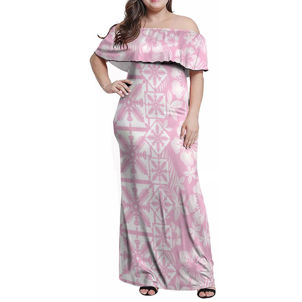 Pastel Pink Kahili Quilt Hawaii Family Matching Off Shoulder Maxi Dress and Hawaiian Shirt Tropical Flower Seamless Half Style