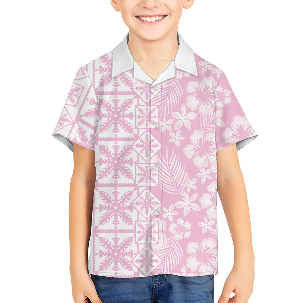 Pastel Pink Kahili Quilt Hawaii Family Matching Off Shoulder Maxi Dress and Hawaiian Shirt Tropical Flower Seamless Half Style