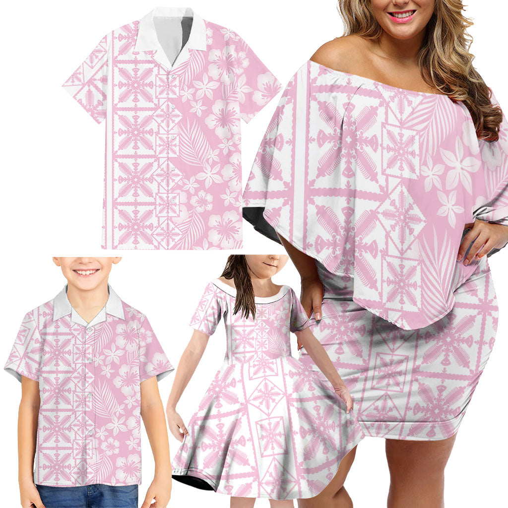Pastel Pink Kahili Quilt Hawaii Family Matching Off Shoulder Short Dress and Hawaiian Shirt Tropical Flower Seamless Half Style LT14 - Polynesian Pride