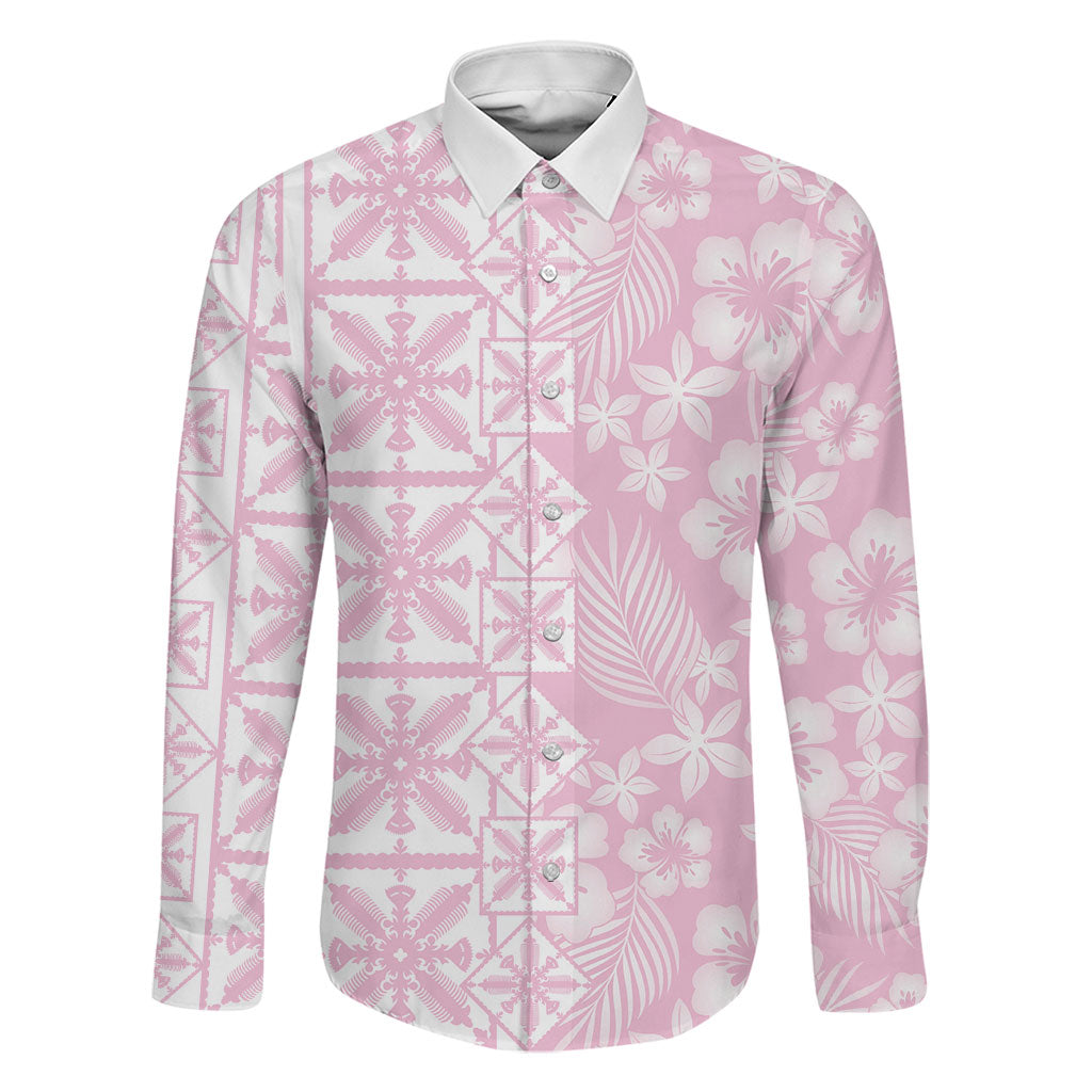 Pastel Pink Kahili Quilt Hawaii Family Matching Off Shoulder Short Dress and Hawaiian Shirt Tropical Flower Seamless Half Style