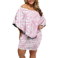 Pastel Pink Kahili Quilt Hawaii Family Matching Off Shoulder Short Dress and Hawaiian Shirt Tropical Flower Seamless Half Style