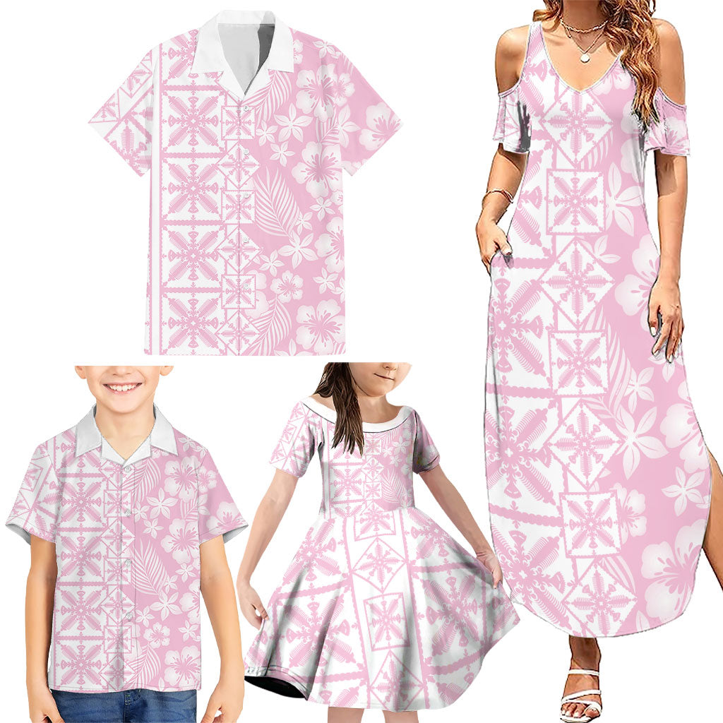 Pastel Pink Kahili Quilt Hawaii Family Matching Summer Maxi Dress and Hawaiian Shirt Tropical Flower Seamless Half Style