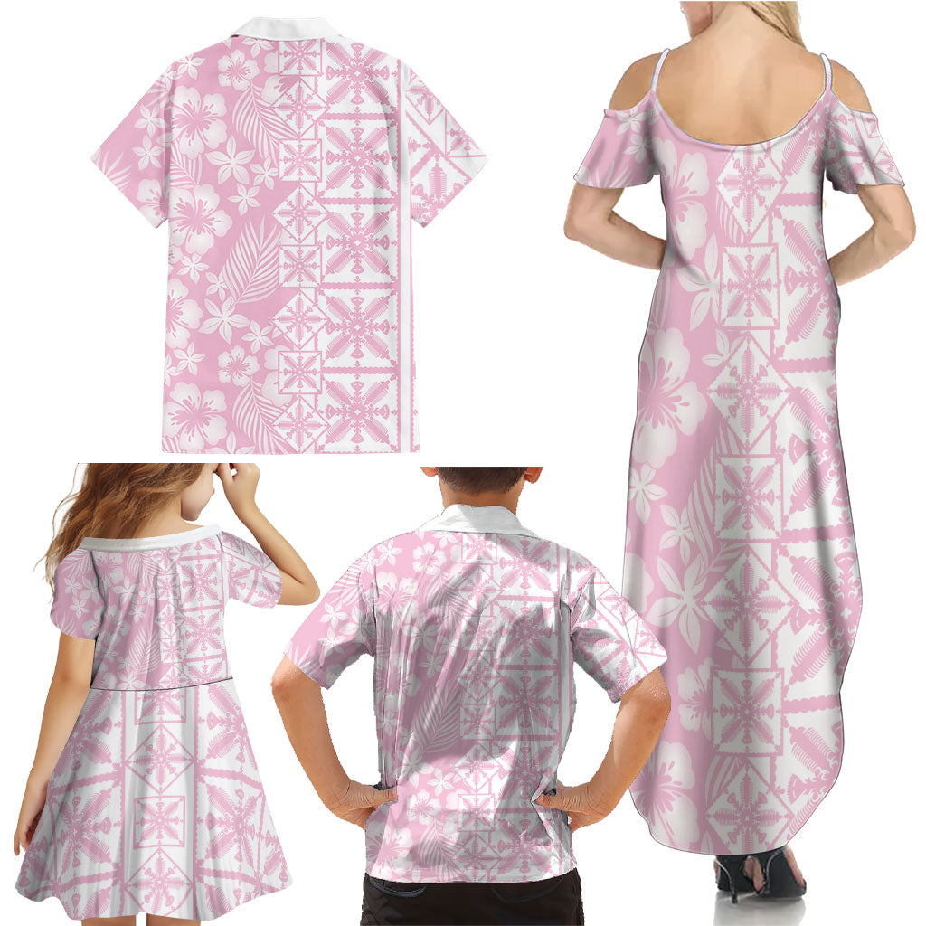 Pastel Pink Kahili Quilt Hawaii Family Matching Summer Maxi Dress and Hawaiian Shirt Tropical Flower Seamless Half Style