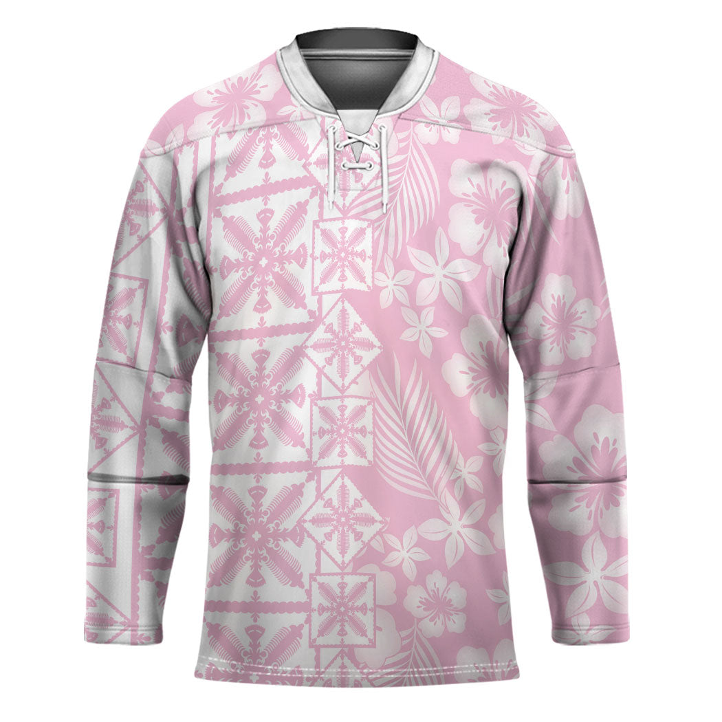 Pastel Pink Kahili Quilt Hawaii Hockey Jersey Tropical Flower Seamless Half Style LT14 Unisex Pink - Polynesian Pride
