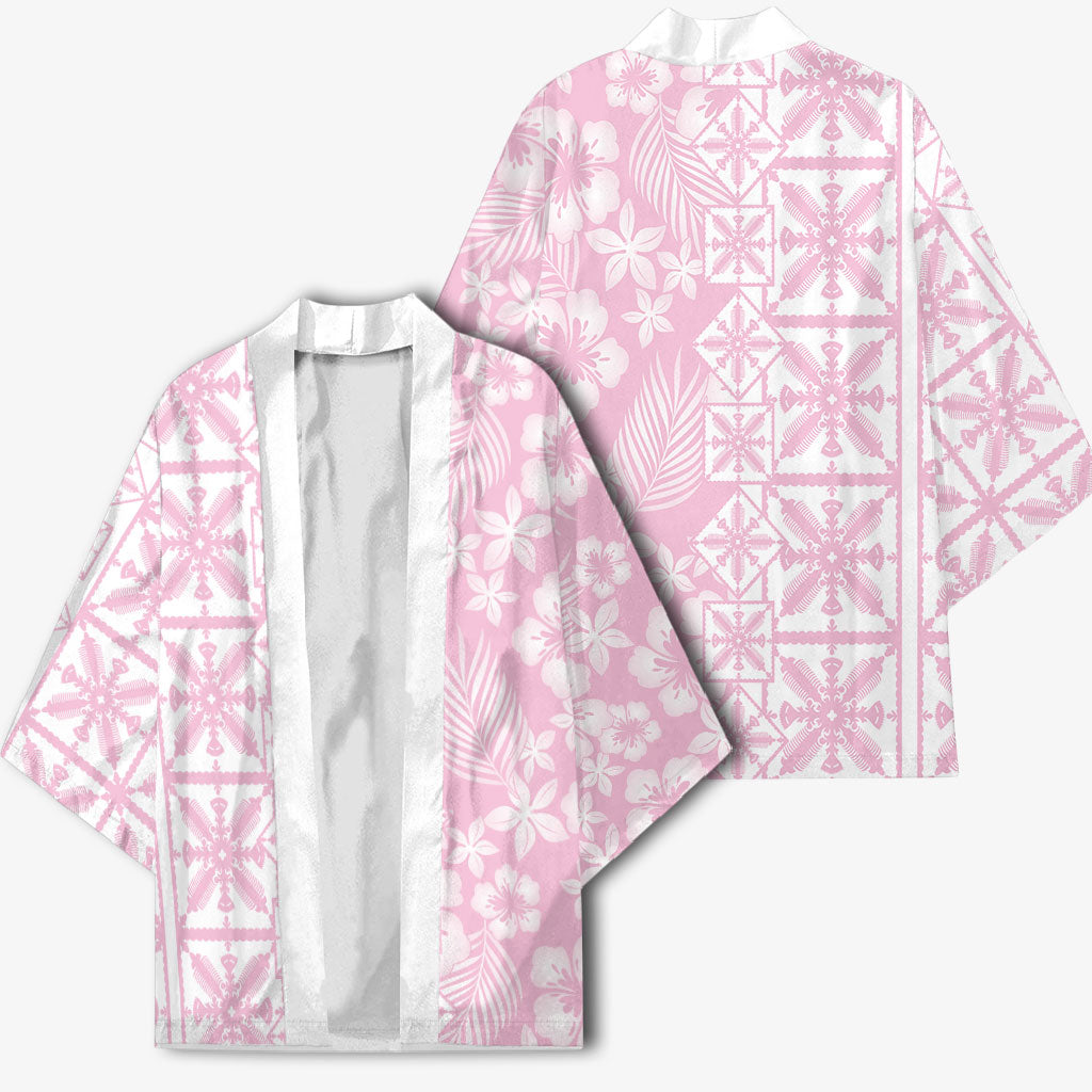 Pastel Pink Kahili Quilt Hawaii Kimono Tropical Flower Seamless Half Style
